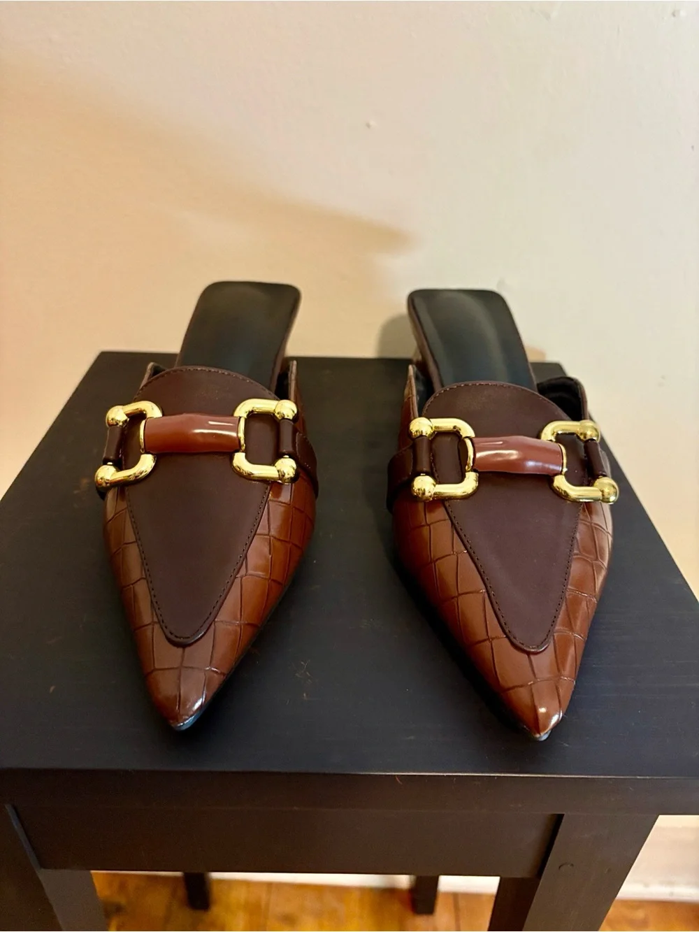 SHEIN Brown Quilted Pointed Mule with Gold Buckle